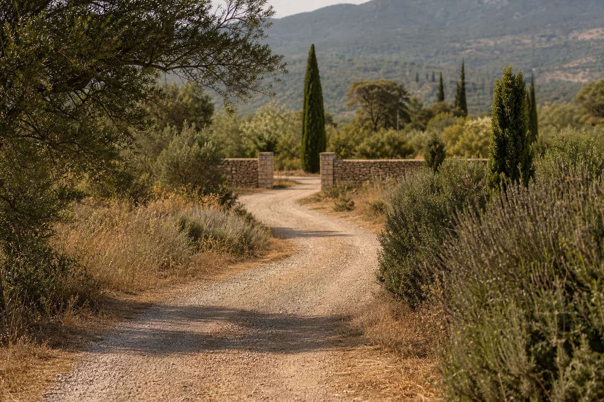 Chemin de garrigue menant vers un camping de l’arrière-pays méditerranéen