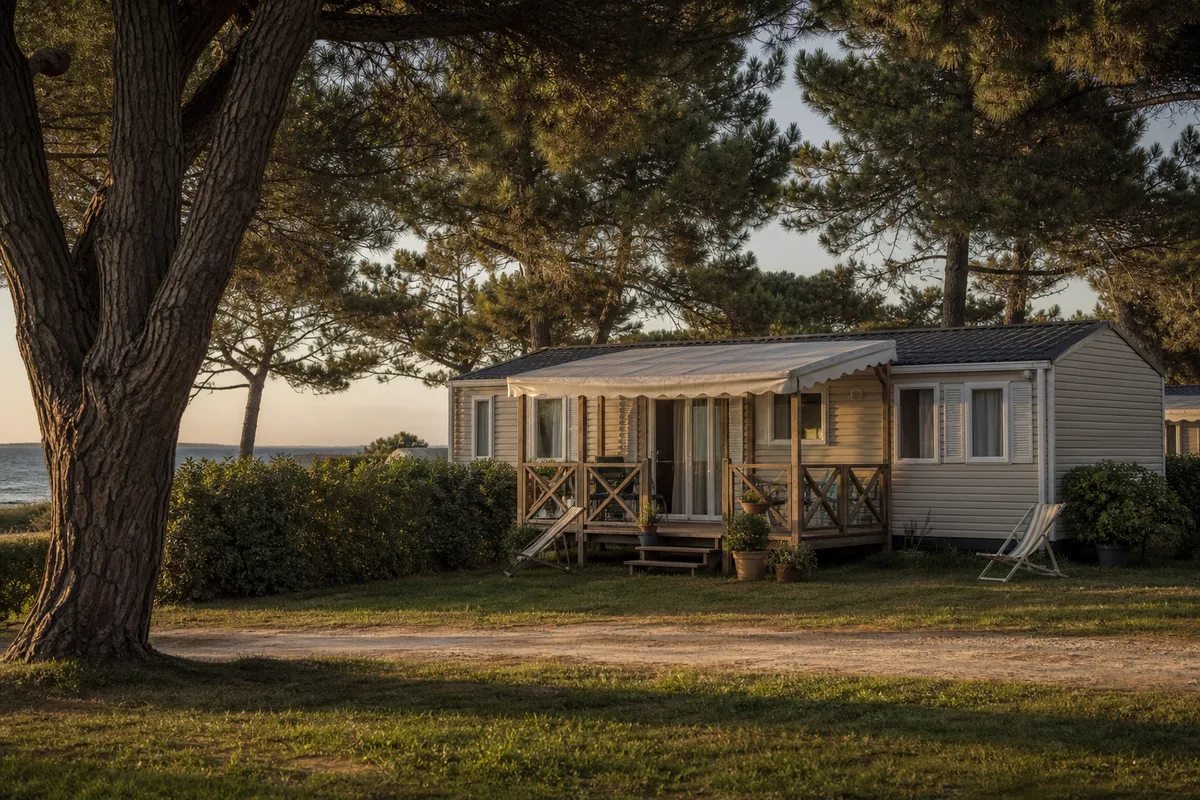 Mobil-home ombragé sur une allée calme de camping