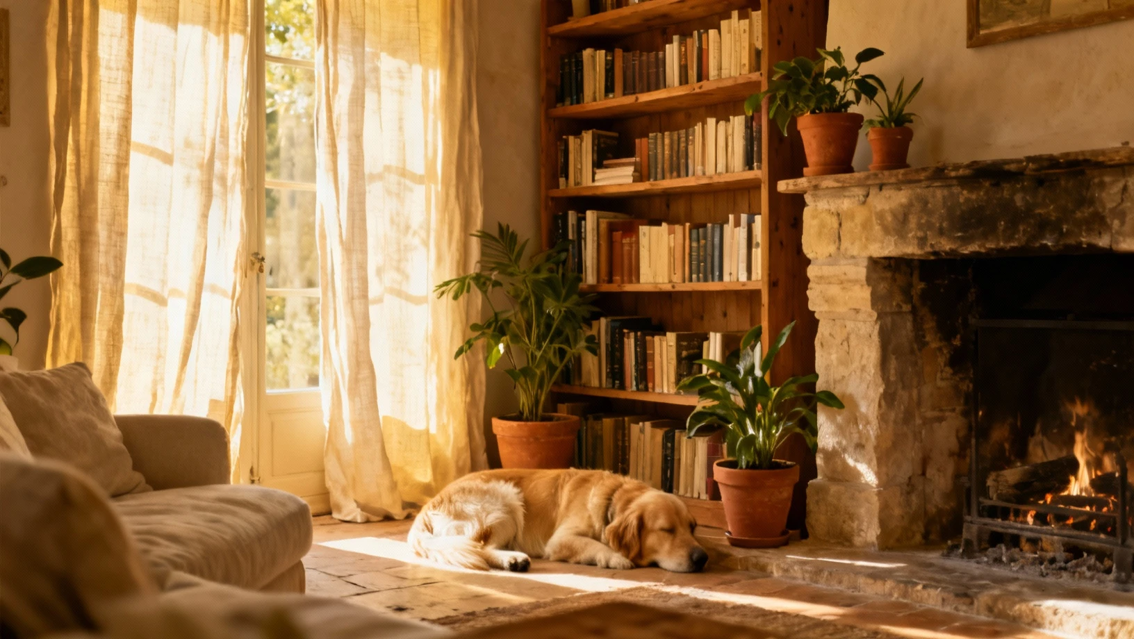 Un interieur chaleureux avec un chien au coin du feu